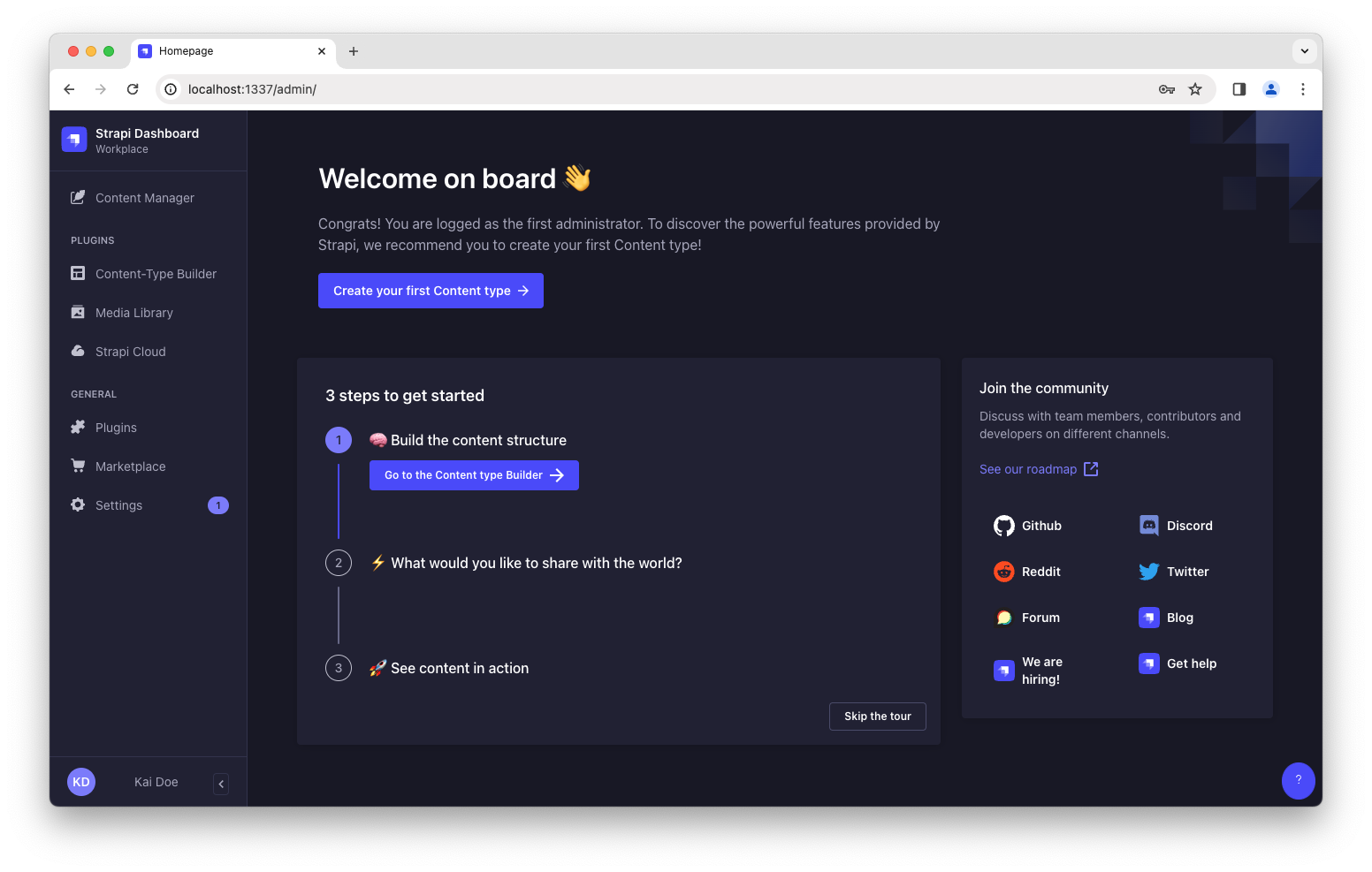 Admin panel screenshot: dashboard